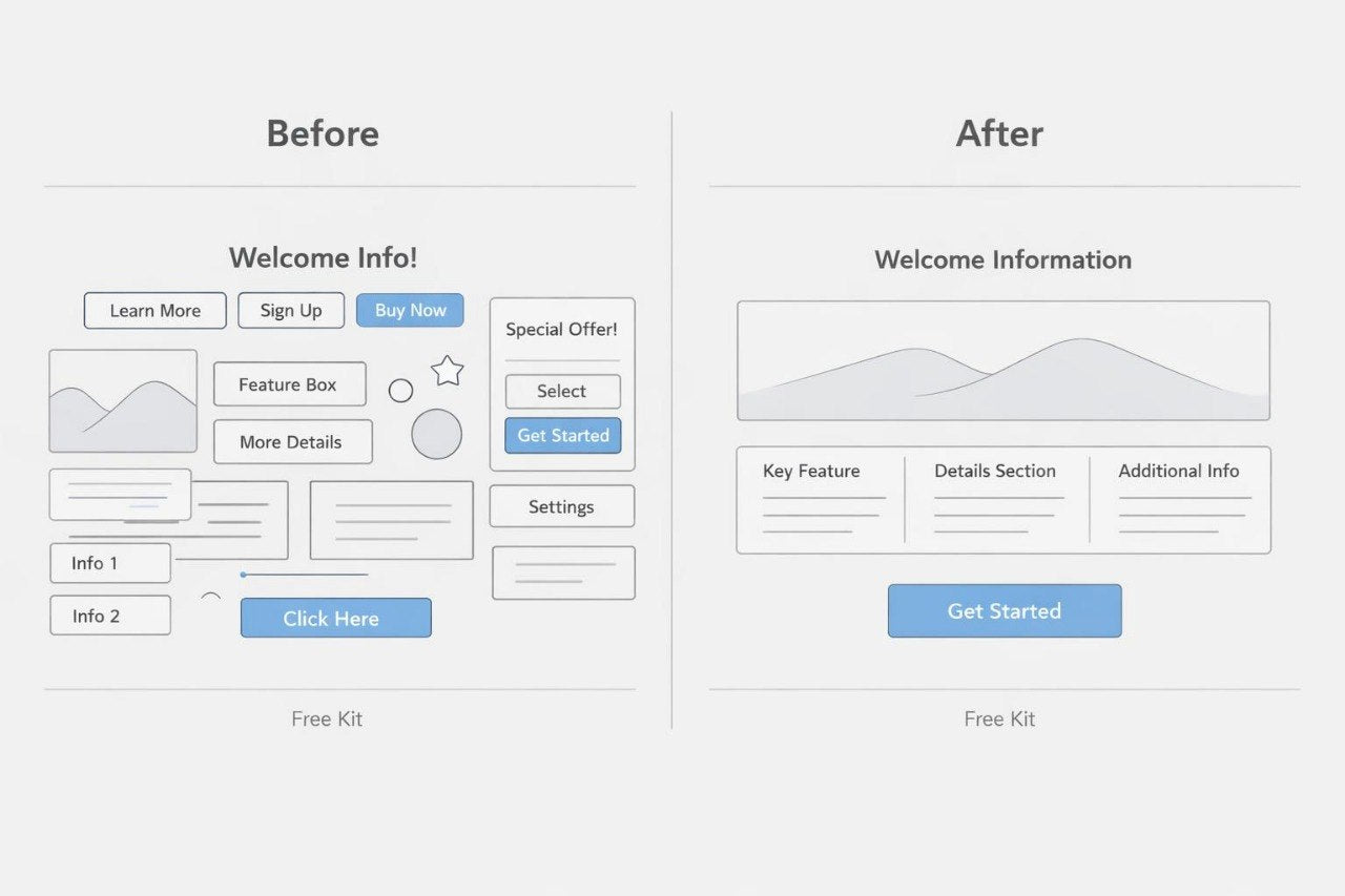 A side-by-side comparison graphic labeled 'Before' and 'After' showing a mockup of a welcome page layout. The left 'Before' version has multiple loose UI panels and placeholder graphics, while the right 'After' version is cleaner and more structured, with a large placeholder image area, feature sections, and a blue 'Get Started' button.