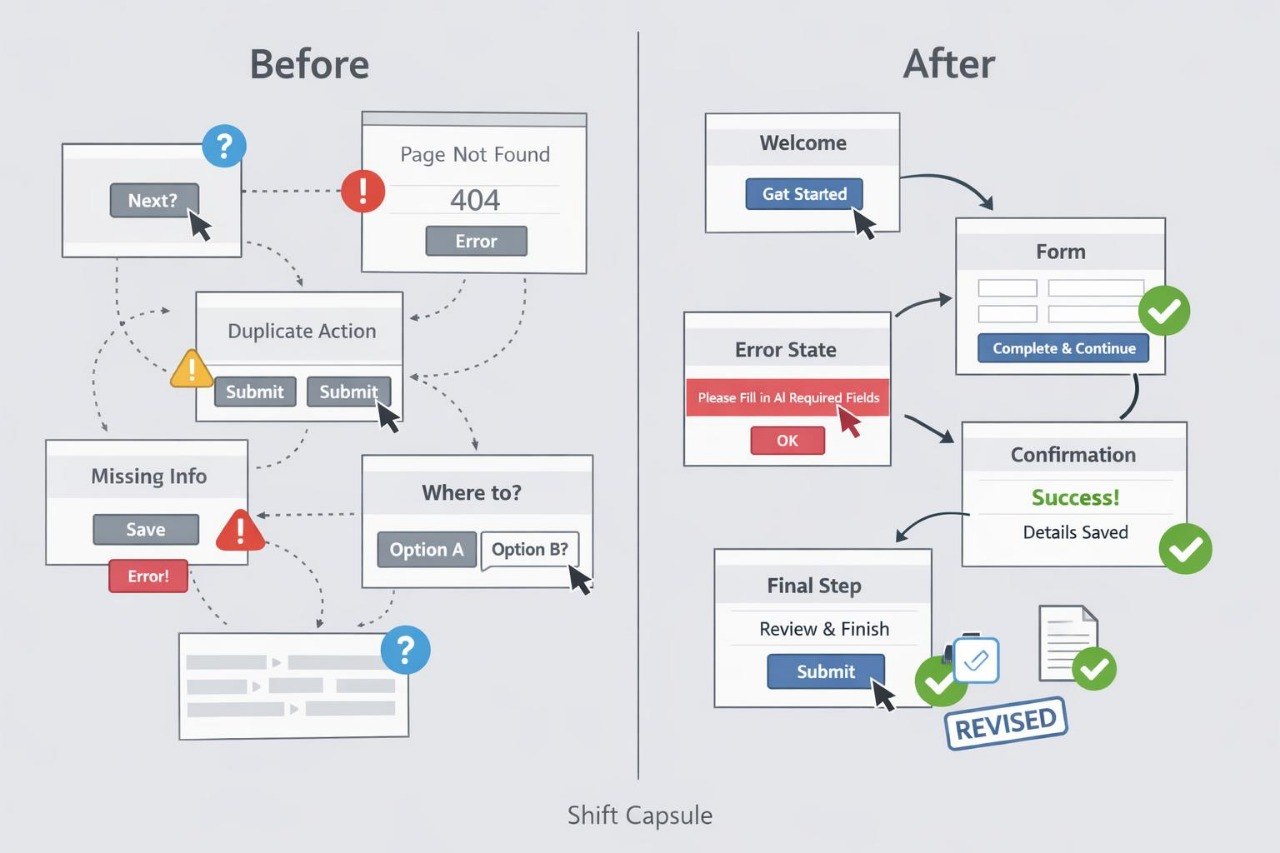A comparison diagram labeled 'Before' and 'After' showing a workflow or form interface. The left side shows error states like 'Page Not Found', '404', 'Error', 'Missing Info', and 'Where to?'.