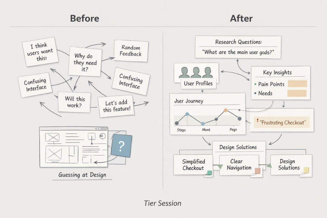 A before-and-after comparison diagram on a light gray background, showing a user experience flowchart. The left side labeled 'Before' depicts a guessing-at-design interface with arrows pointing to a question mark and user feedback.