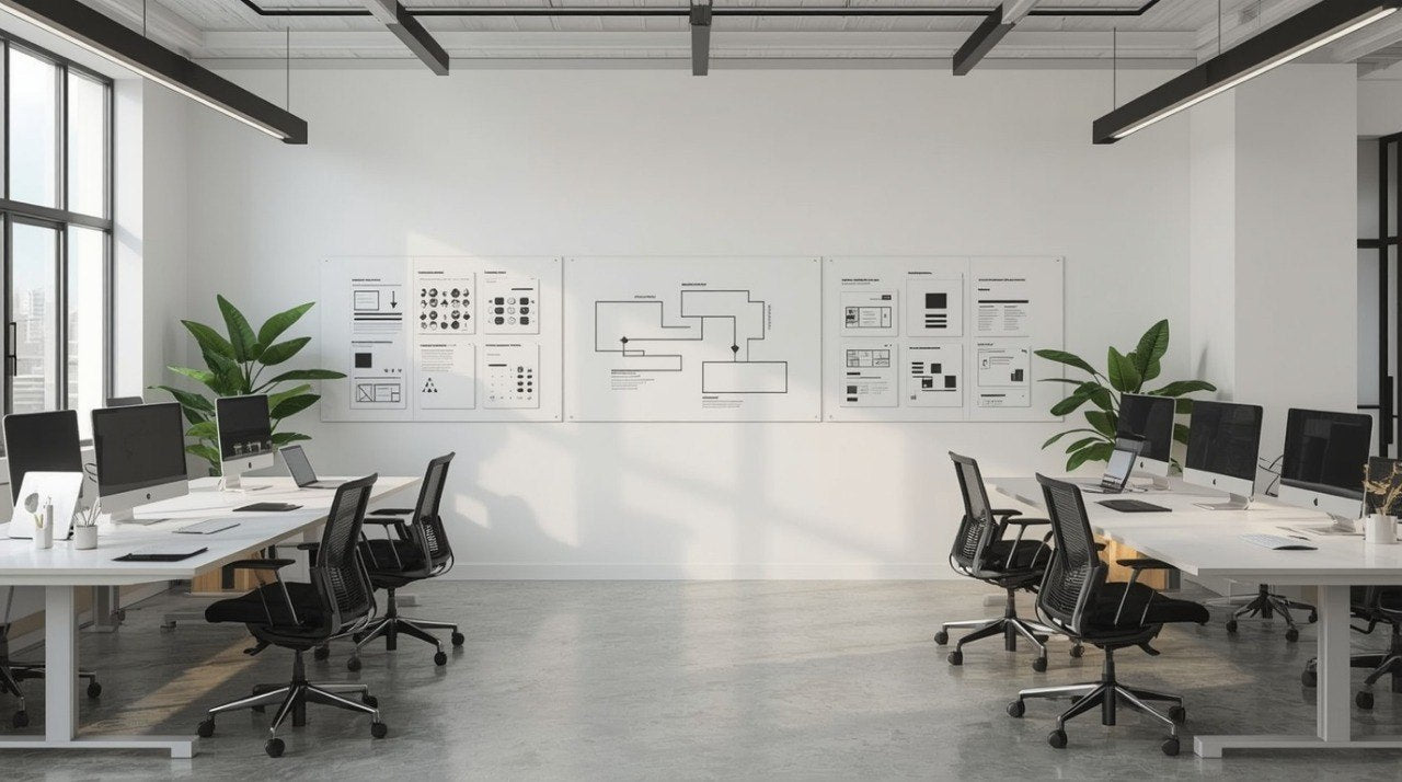 A bright, modern open-plan office space with white desks, black office chairs, computer monitors, and a large white wall display featuring black technical flowcharts and diagrams.