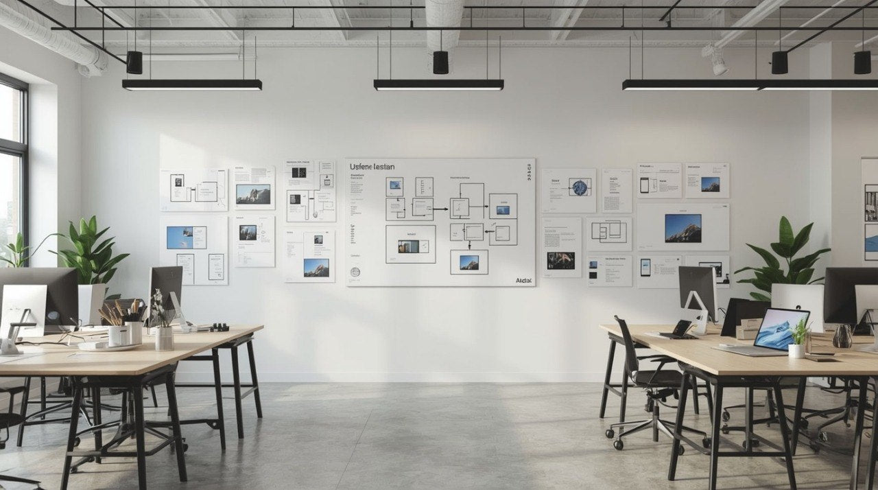 A bright, modern open-plan office with multiple wooden desks, black office chairs, and a large white wall-mounted board displaying diagrams and project layouts.