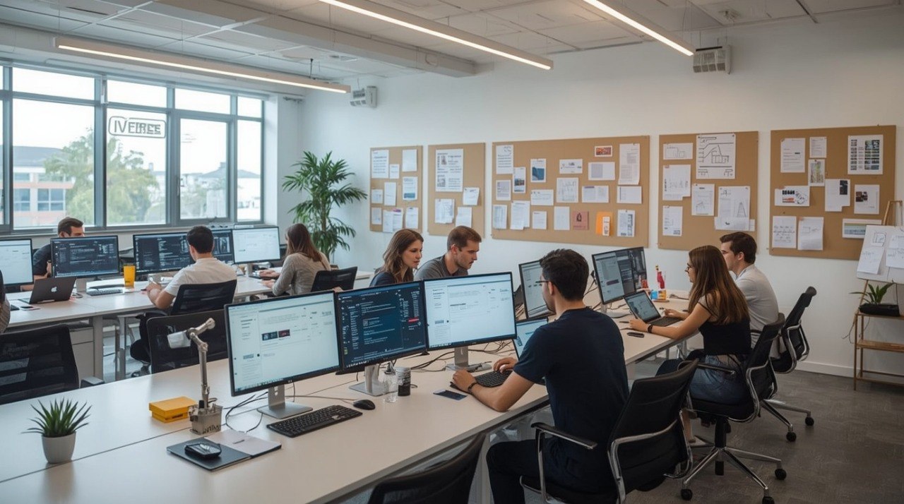 A bright modern office workspace with several people seated at long desks using computer monitors, with a corkboard wall covered in notes and documents in the background.