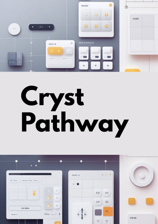 A promotional graphic for 'Cryst Pathway' featuring a central white banner with bold black text, flanked by abstract digital interface mockups in gray, white, and orange-yellow tones.