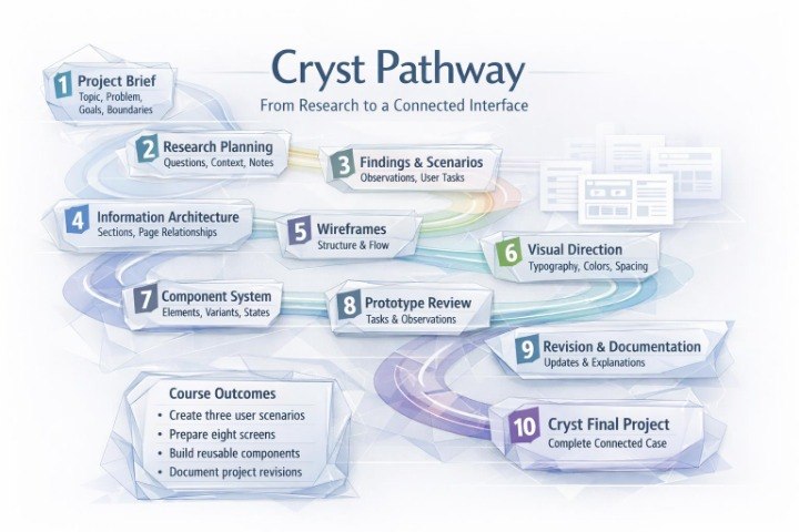 An infographic titled 'Cryst Pathway' showing a 10-step process from research and planning to a final project, with labeled boxes, arrows, and small UI-style graphics on a pale blue background.
