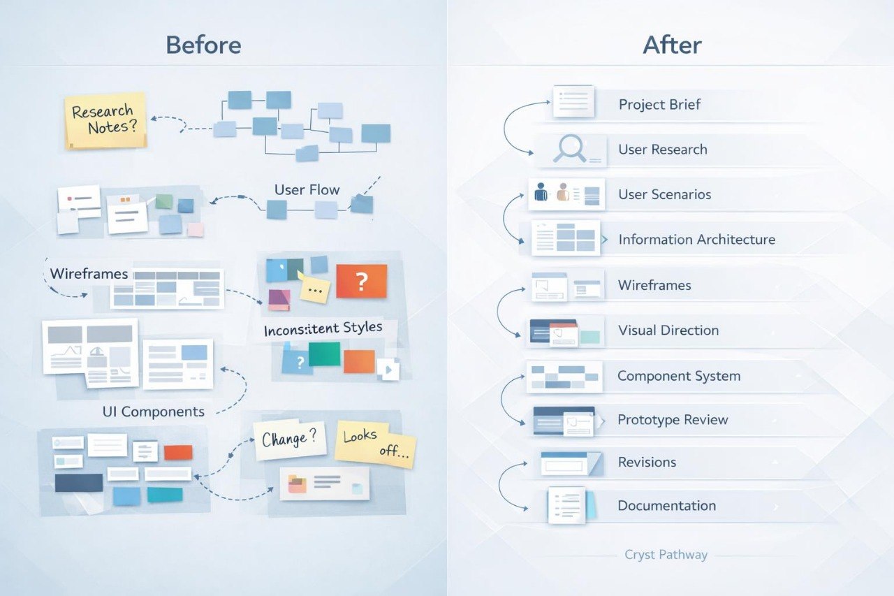 A before-and-after infographic on software UI/UX workflow, with the left side labeled 'Before' showing loose cards, wireframes, and sticky notes, and the right side labeled 'After' showing a checklist of project briefs, user research, information architecture, wireframes, visual direction, component system, prototype review, revisions, and documentation.