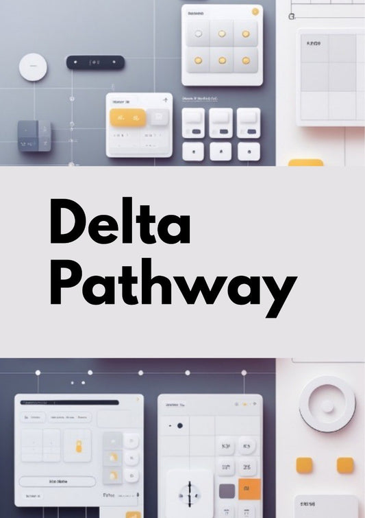 A promotional graphic for 'Delta Pathway' featuring a central white banner with bold black text, flanked by stylized digital interface mockups in white, gray, and orange-yellow on a dark gray background.