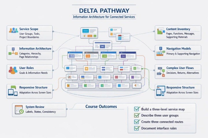 A process flowchart titled 'DELTA PATHWAY' with boxes and arrows showing information architecture components, user roles, content inventory, navigation models, complex user flows, responsive structure, system review, and course outcomes on a light gray background.