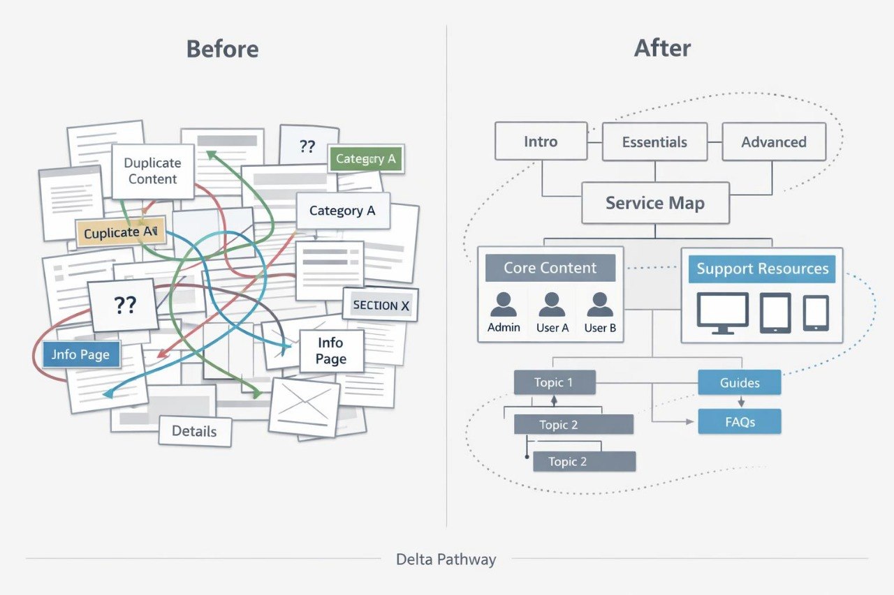 A before-and-after diagram showing a content management workflow labeled Delta Pathway. The left side, titled 'Before,' depicts a cluttered system with many document pages, arrows, and unclear categories.