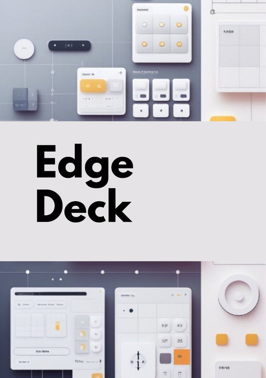 A promotional graphic for the Edge Deck, featuring a central white horizontal band with the text 'Edge Deck' in bold black font, flanked by stylized mockups of minimalist electronic device panels and interface cards in white, gray, and orange-yellow.