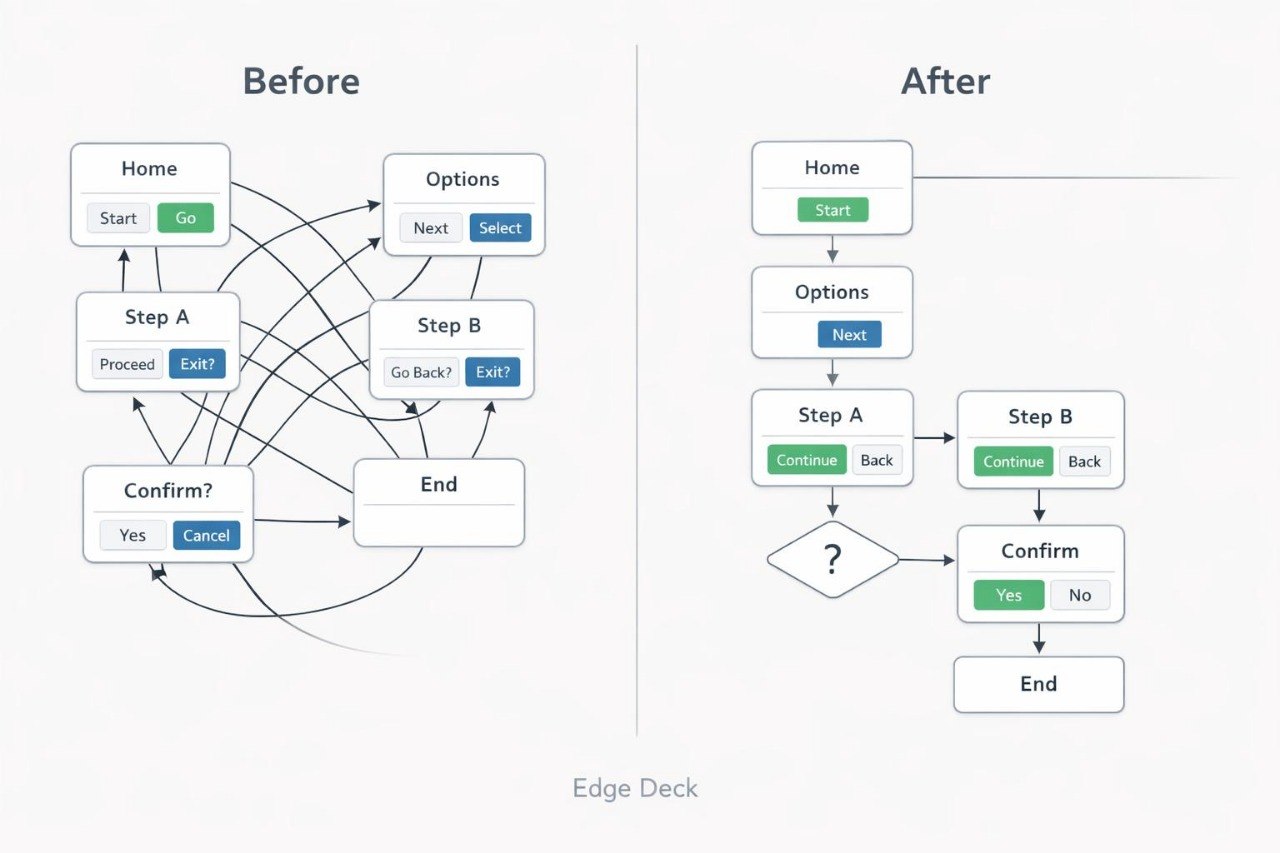 A comparison diagram labeled Before and After showing a flowchart layout for an edge deck. The left 'Before' side has tangled arrows and many connected boxes; the right 'After' side is much cleaner and more organized.