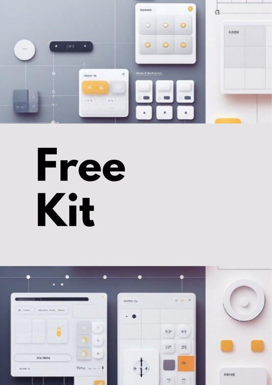 A promotional graphic for a digital design asset pack, featuring a central white banner with the text 'Free Kit' in bold black font, flanked by mockups of minimalist UI design templates in white, gray, and yellow.