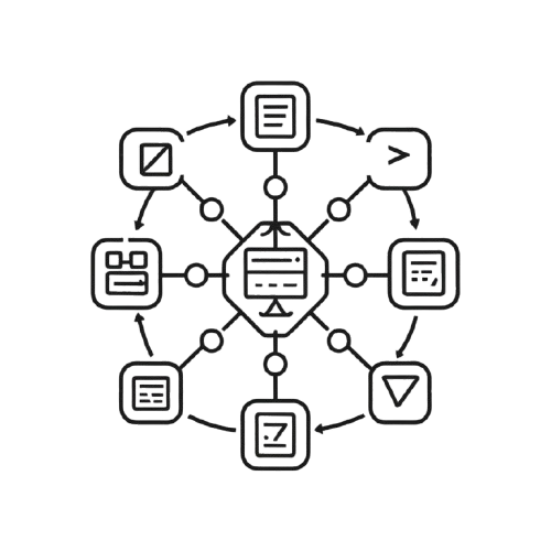 A black and white line art vector diagram showing a central computer server connected to eight surrounding process or data modules with arrows and connectors, on a solid white background.