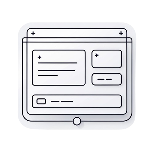 A minimalist black line icon depicting a tablet or mobile device screen with interface panels, centered on a light gray background.