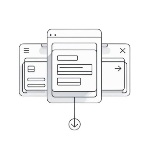 A minimalist black and white line art illustration of overlapping mobile app screens with a download icon hanging below, on a plain white background.