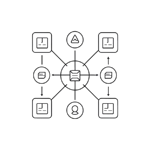 A black and white vector diagram showing a central hub with surrounding nodes and arrows, likely representing a workflow or network process.