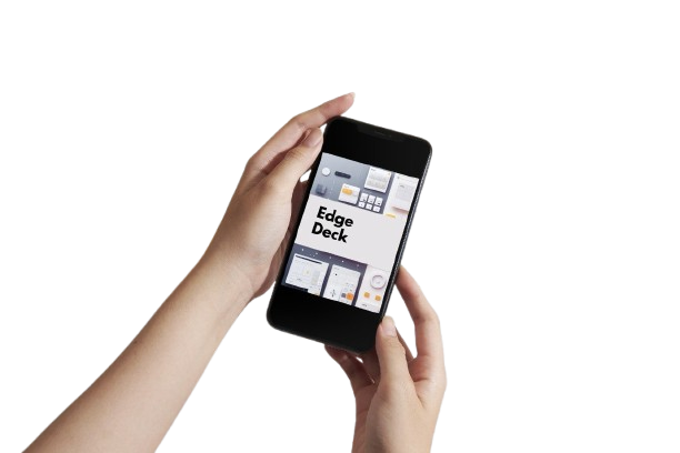 A person's hands holding a black smartphone displaying the 'Edge Deck' app interface against a solid white background.