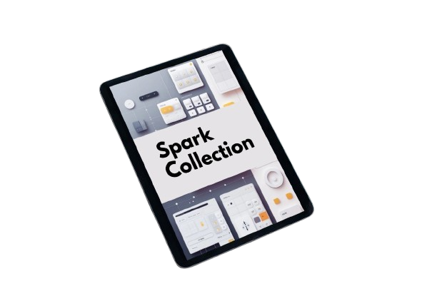 A black tablet device shown at an angle on a plain white background, with the screen displaying the text 'Spark Collection' and app interface cards.