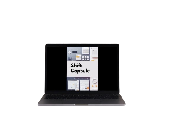 A black laptop computer shown open against a plain white background, with the screen displaying the text 'Shift Capsule' and several small interface thumbnails.