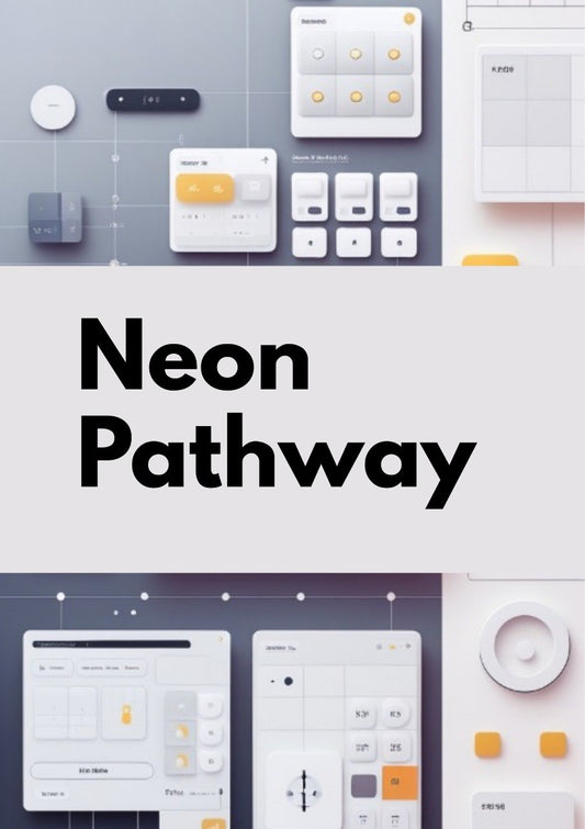 A promotional graphic for 'Neon Pathway' featuring a central white banner with bold black text, flanked by abstract digital interface mockups in white, gray, and neon yellow-orange.