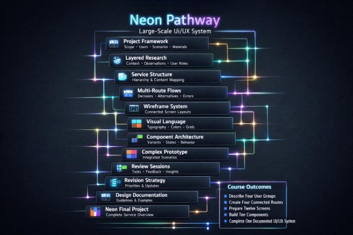 A digital infographic titled 'Neon Pathway' showing a vertical flowchart of UI/UX system course modules such as Project Framework, Layered Research, Service Structure, Wireframe System, Component Architecture, and Course Outcomes, with glowing neon line accents on a dark background.
