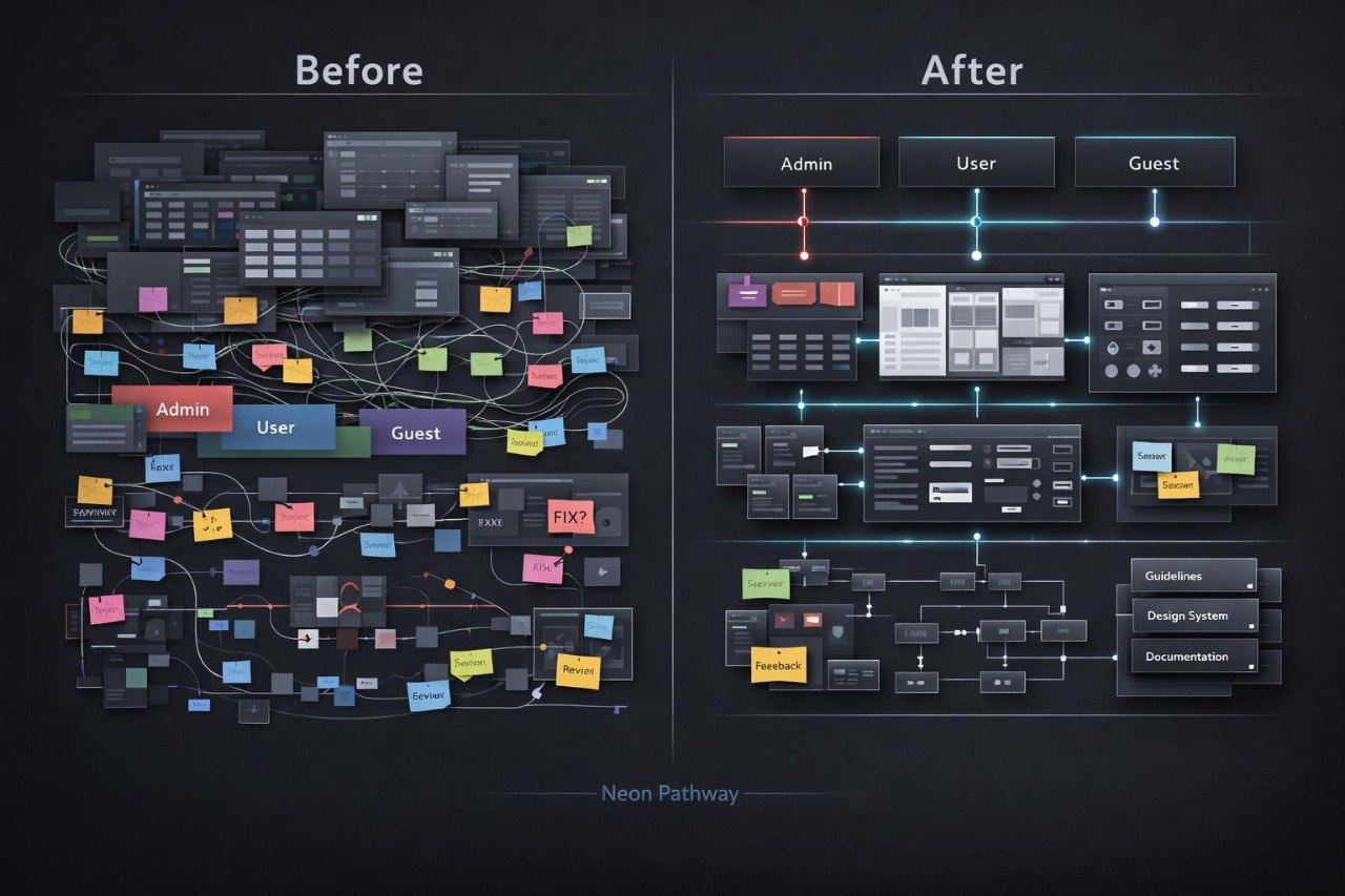 A dark-themed before-and-after diagram labeled 'Before' and 'After' with the subtitle 'Neon Pathway'. The left side shows a cluttered, messy software or workflow layout with many boxes, lines, and colorful sticky notes.