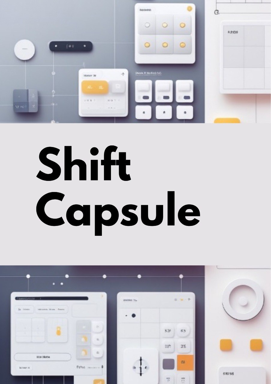A promotional graphic for 'Shift Capsule' featuring a central white banner with bold black text, flanked by a top and bottom collage of minimalist digital interface mockups in white, gray, and orange-yellow accents.