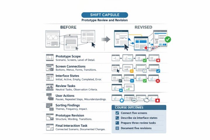 A digital infographic titled 'SHIFT CAPSULE Prototype Review and Revision' comparing 'BEFORE' and 'REVISED' states with checklist items, icons, and a blue 'Course Outcomes' panel on a white background.