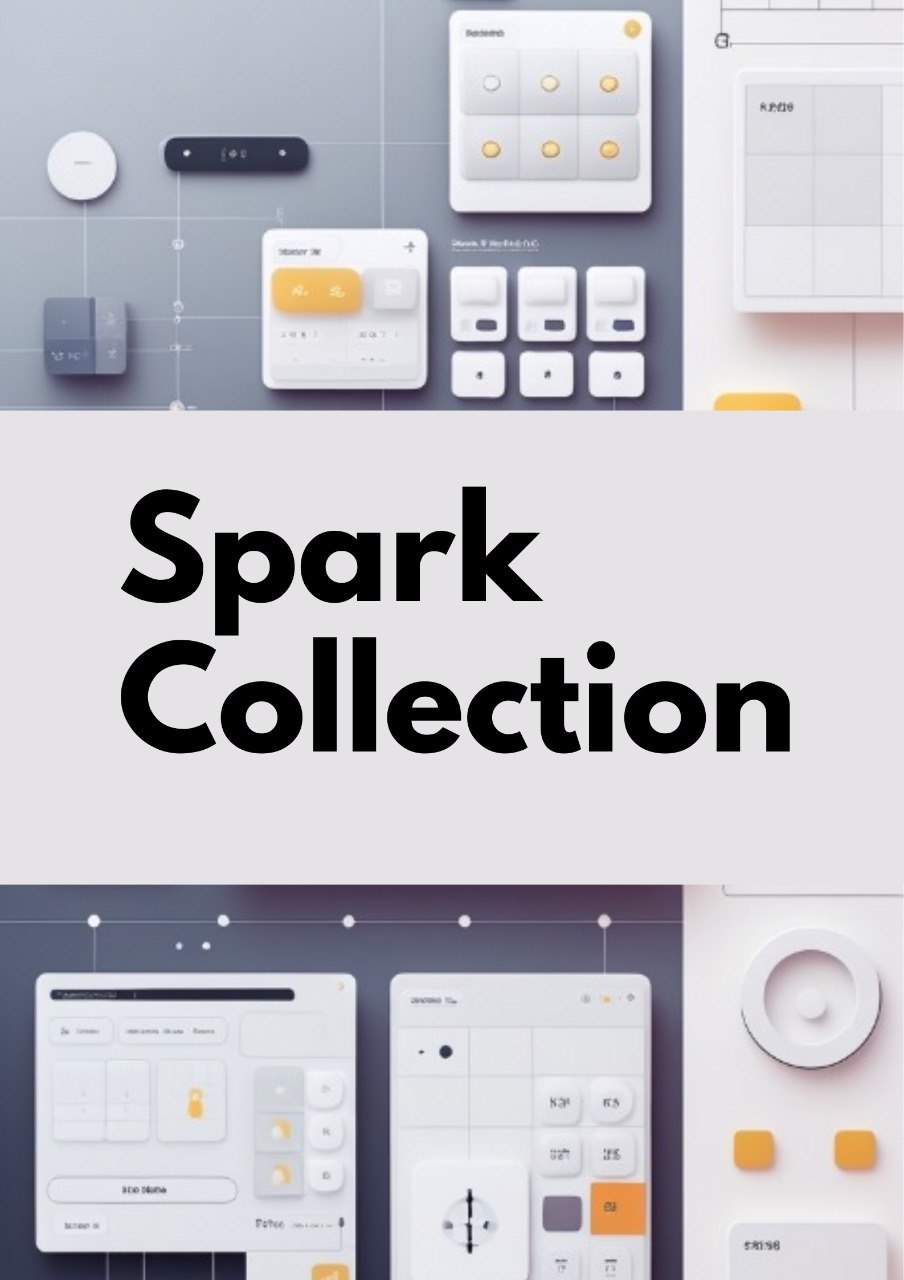 A promotional graphic for the 'Spark Collection' featuring a central white banner with bold black text, flanked by a top and bottom section displaying various minimalist white, gray, and orange user interface app mockups on a light gray background.
