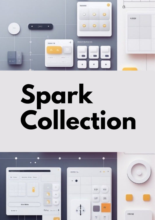 A promotional graphic for the 'Spark Collection' featuring a central white banner with bold black text, flanked by a top and bottom section displaying various minimalist white, gray, and orange user interface app mockups on a light gray background.