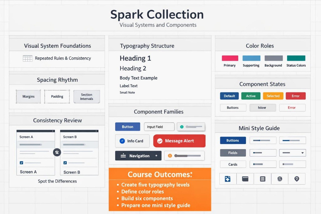 A digital course slide or infographic titled 'Spark Collection Visual Systems and Components' showing sections on visual system foundations, typography structure, color roles, component families, mini style guide, and course outcomes with UI component examples.