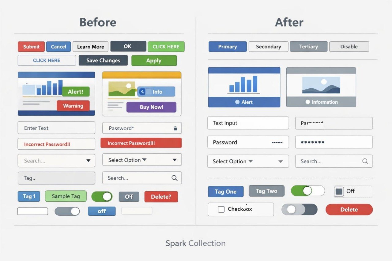 A side-by-side comparison labeled 'Before' and 'After' showing a UI design mockup for a Spark Collection. The left 'Before' panel contains a cluttered, colorful form with buttons, text fields, and widgets.