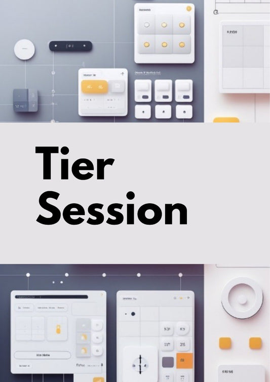 A promotional graphic for a 'Tier Session' featuring abstract UI mockups of digital applications in white, gray, and orange-yellow tones, arranged symmetrically around a large central text overlay.