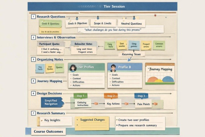 A process flowchart template titled 'Course Outcomes' with multiple colored boxes and arrows illustrating research questions, interviews, organizing notes, journey mapping, design decisions, and research summary steps.